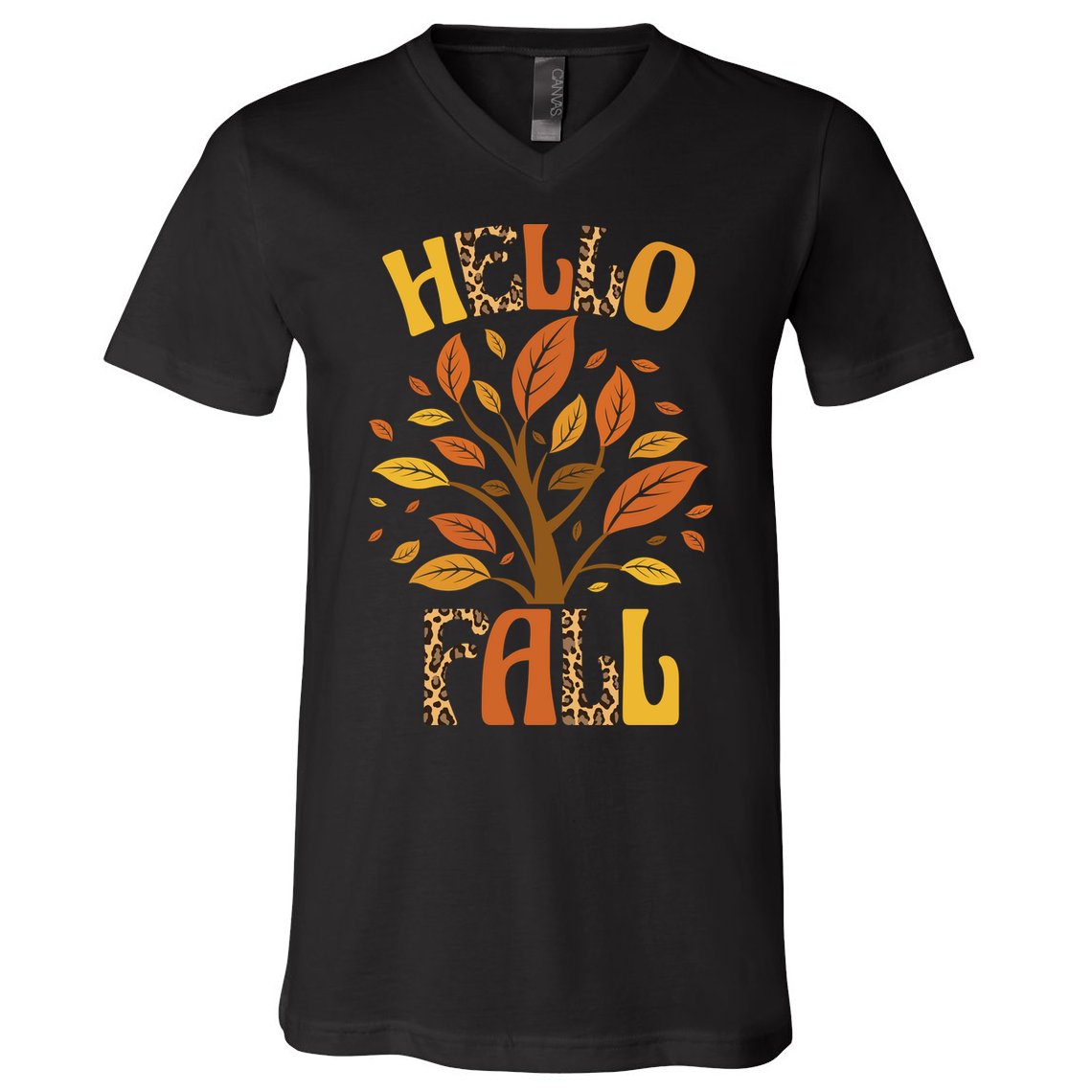 Hello Fall Leopard Season Nature V-Neck T-Shirt