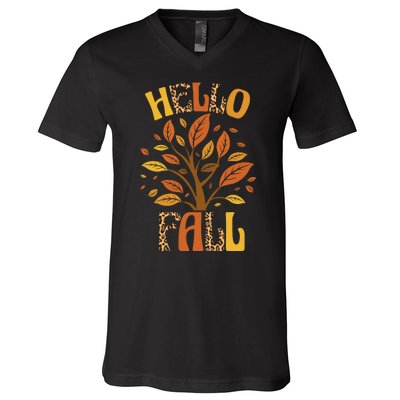 Hello Fall Leopard Season Nature V-Neck T-Shirt