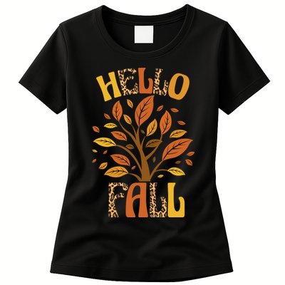 Hello Fall Leopard Season Nature Womens T-Shirt