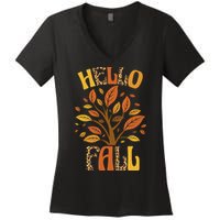 Hello Fall Leopard Season Nature Women's V-Neck T-Shirt