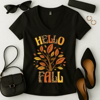 Hello Fall Leopard Season Nature Women's V-Neck T-Shirt