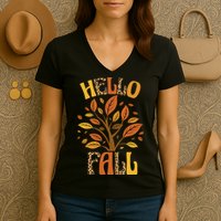 Hello Fall Leopard Season Nature Women's V-Neck T-Shirt