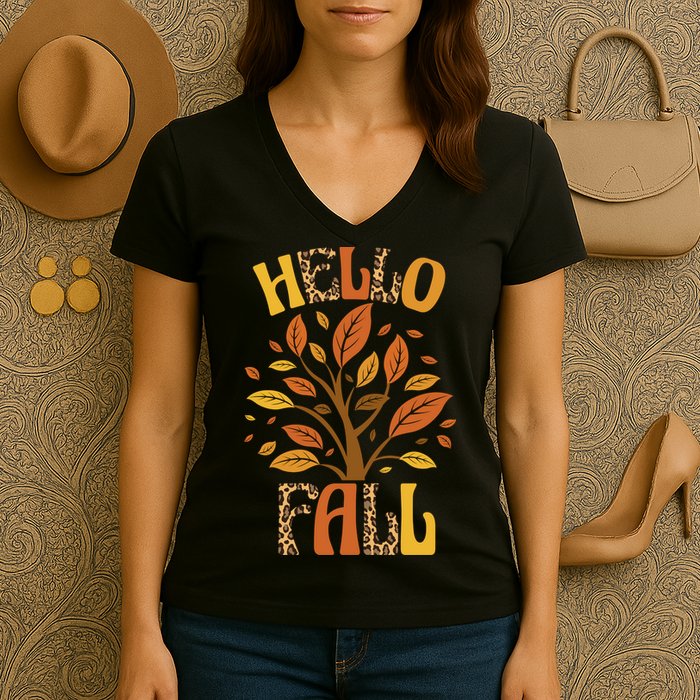 Hello Fall Leopard Season Nature Women's V-Neck T-Shirt