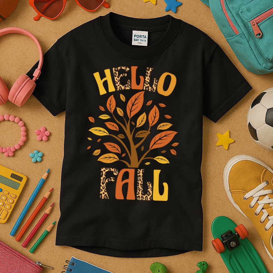 Hello Fall Leopard Season Nature Kids T-Shirt