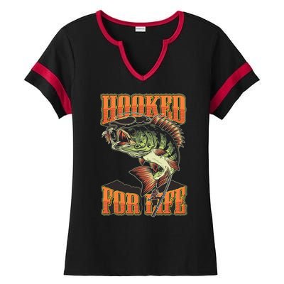 Hooked For Life Funny Fishing Bass Fish Design Ladies Halftime Notch Neck Tee