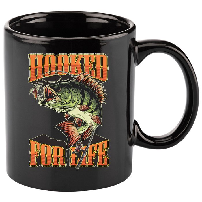 Hooked For Life Funny Fishing Bass Fish Design 11oz C Handle Ceramic Mug