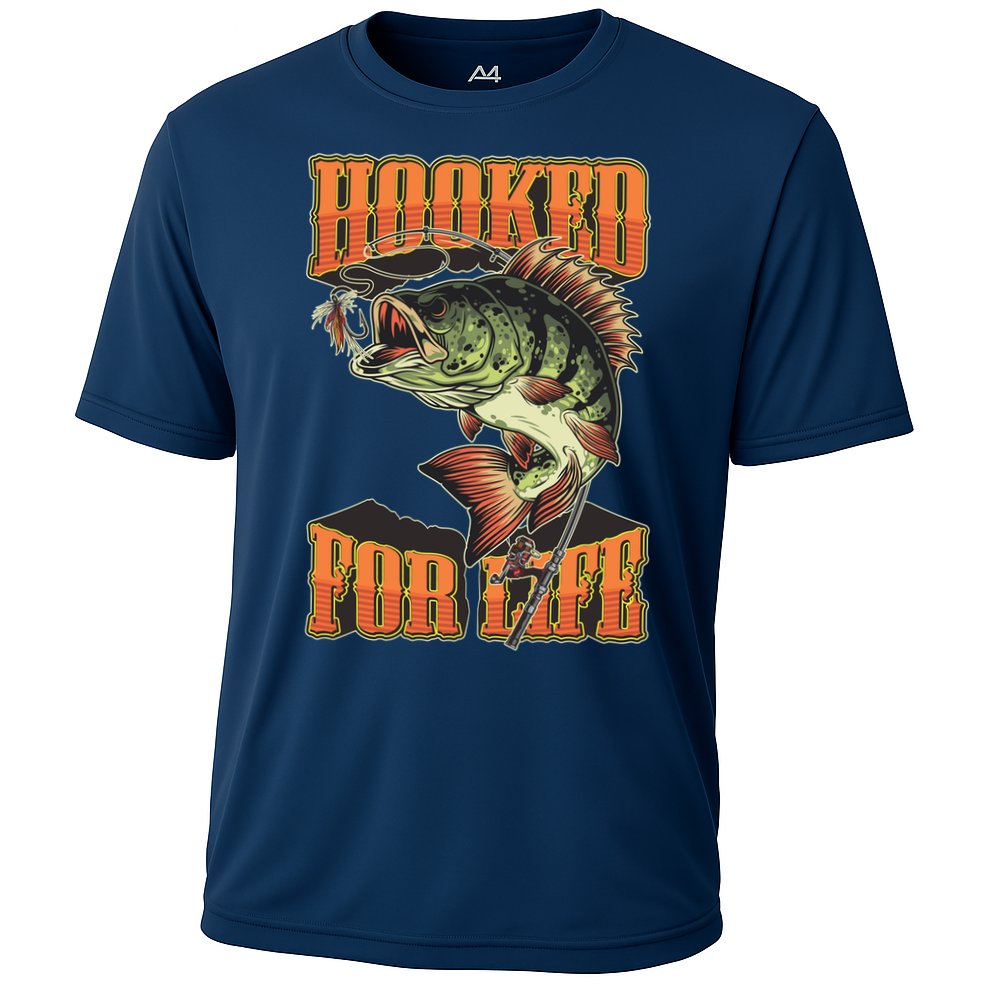 Hooked For Life Funny Fishing Bass Fish Design Cooling Performance Crew T-Shirt