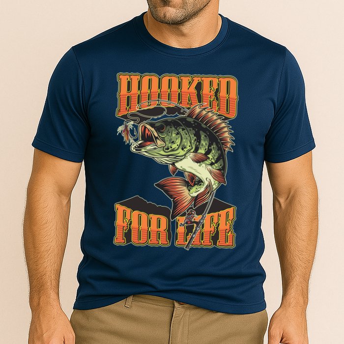 Hooked For Life Funny Fishing Bass Fish Design Cooling Performance Crew T-Shirt