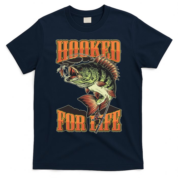 Hooked For Life Funny Fishing Bass Fish Design T-Shirt