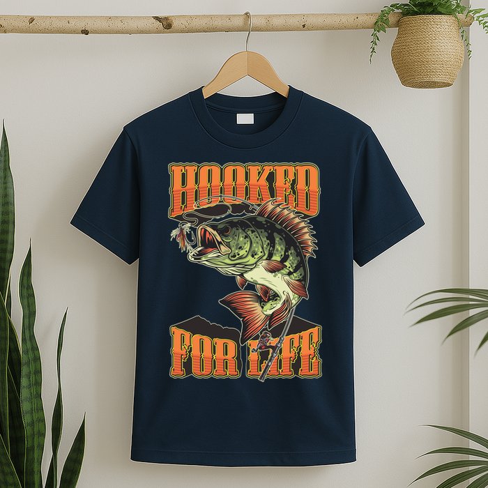 Hooked For Life Funny Fishing Bass Fish Design T-Shirt