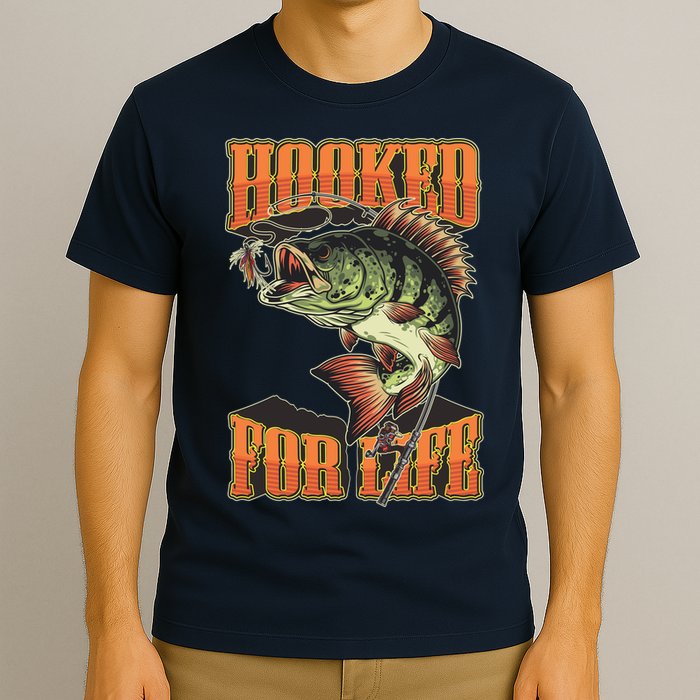 Hooked For Life Funny Fishing Bass Fish Design T-Shirt