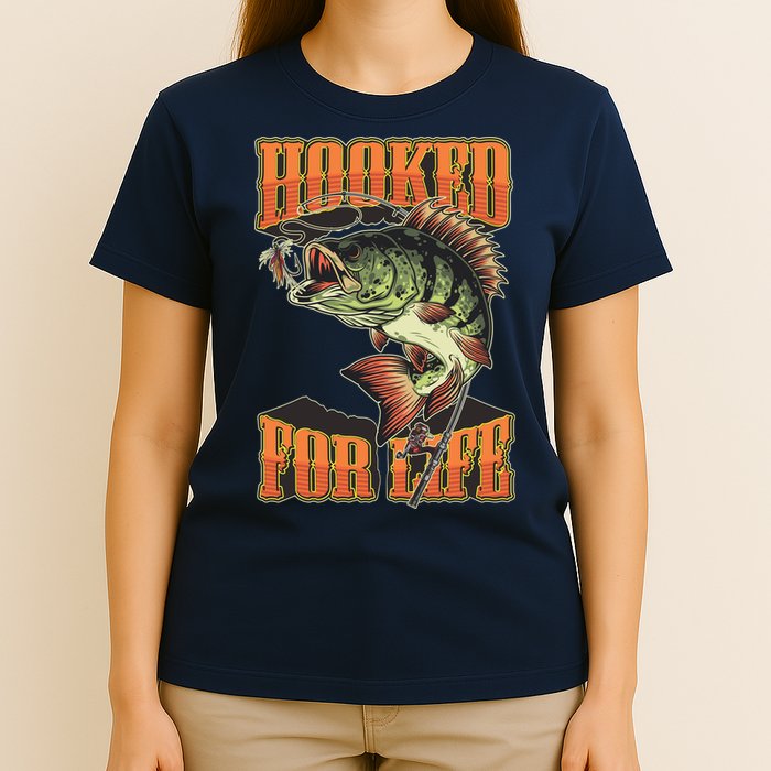 Hooked For Life Funny Fishing Bass Fish Design T-Shirt