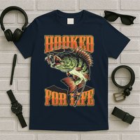 Hooked For Life Funny Fishing Bass Fish Design T-Shirt