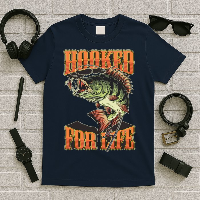 Hooked For Life Funny Fishing Bass Fish Design T-Shirt