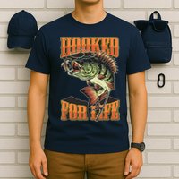 Hooked For Life Funny Fishing Bass Fish Design T-Shirt