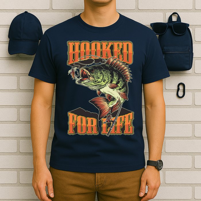 Hooked For Life Funny Fishing Bass Fish Design T-Shirt
