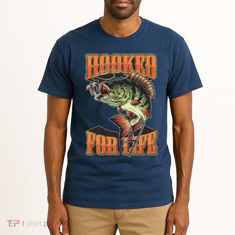 Hooked For Life Funny Fishing Bass Fish Design Tall T-Shirt