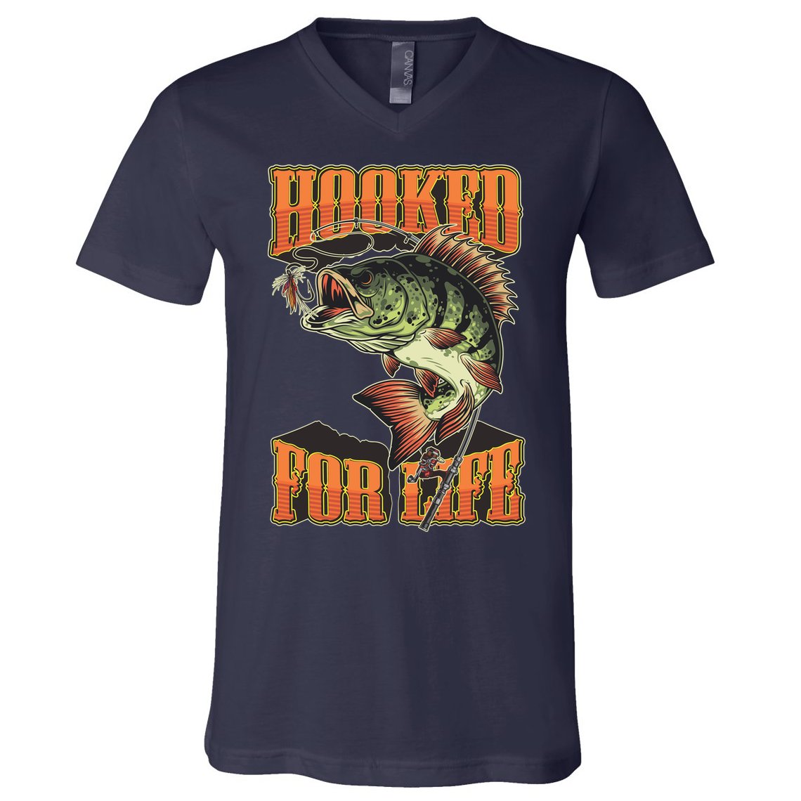 Hooked For Life Funny Fishing Bass Fish Design V-Neck T-Shirt