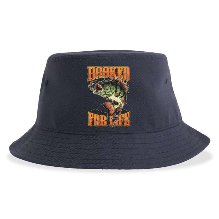 Hooked For Life Funny Fishing Bass Fish Design Sustainable Bucket Hat