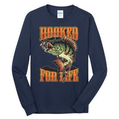 Hooked For Life Funny Fishing Bass Fish Design Tall Long Sleeve T-Shirt