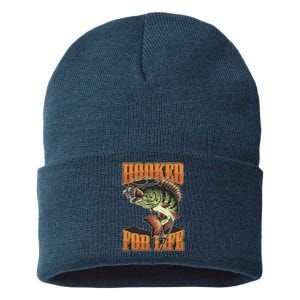 Hooked For Life Funny Fishing Bass Fish Design Sustainable Knit Beanie