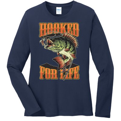 Hooked For Life Funny Fishing Bass Fish Design Ladies Long Sleeve Shirt