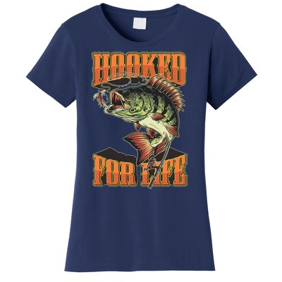 Hooked For Life Funny Fishing Bass Fish Design Women's T-Shirt