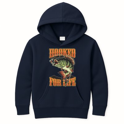 Hooked For Life Funny Fishing Bass Fish Design Kids Hoodie