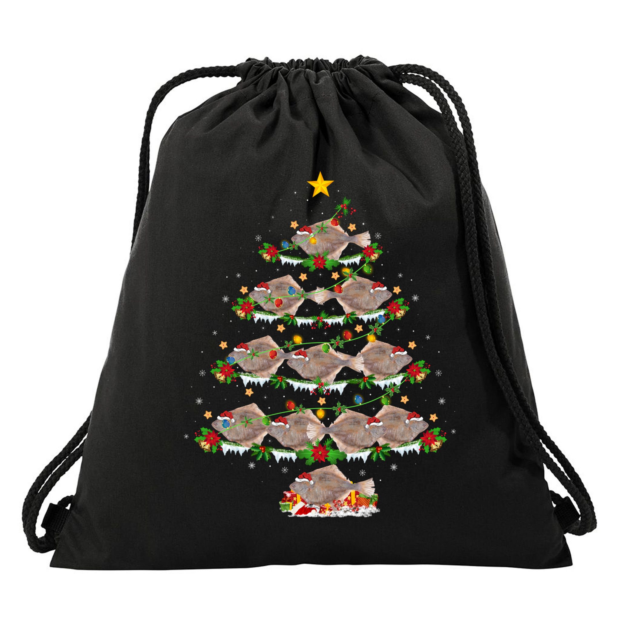 Halibut Fish Lover Xmas Lighting Halibut Christmas Tree Gift Drawstring Bag