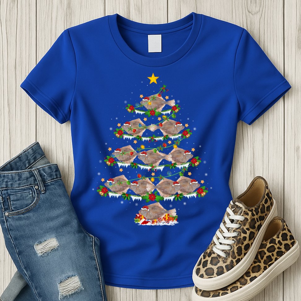 Halibut Fish Lover Xmas Lighting Halibut Christmas Tree Gift Womens T-Shirt