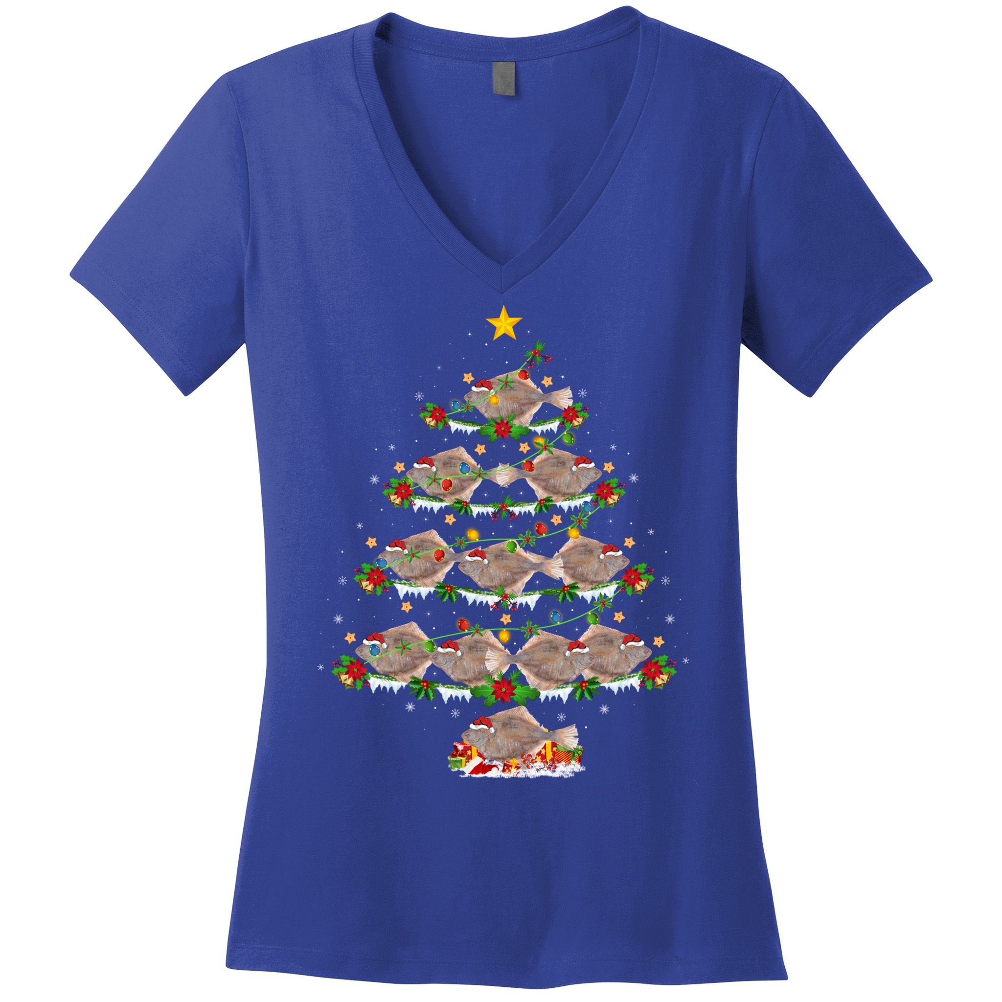 Halibut Fish Lover Xmas Lighting Halibut Christmas Tree Gift Women's V-Neck T-Shirt