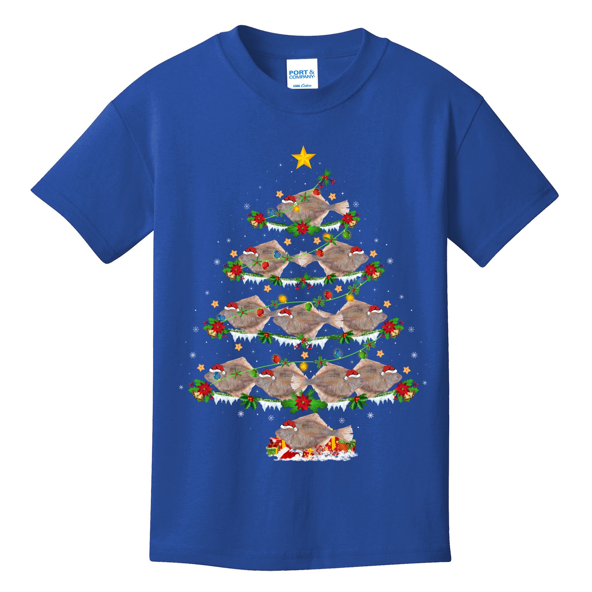 Halibut Fish Lover Xmas Lighting Halibut Christmas Tree Gift Kids T-Shirt