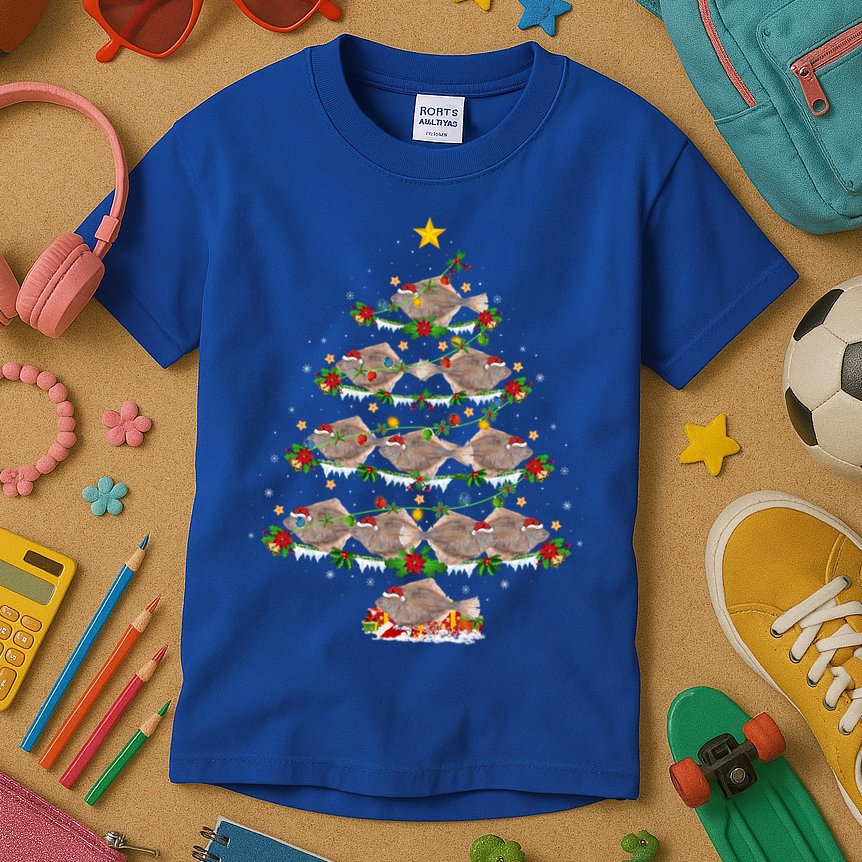 Halibut Fish Lover Xmas Lighting Halibut Christmas Tree Gift Kids T-Shirt