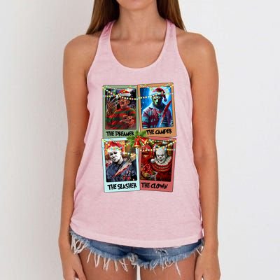 Horror Friends Merry Creepmas Krueger Dreamer Voorhees Camper Myers Women's Knotted Racerback Tank