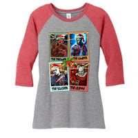 Horror Friends Merry Creepmas Krueger Dreamer Voorhees Camper Myers Women's Tri-Blend 3/4-Sleeve Raglan Shirt