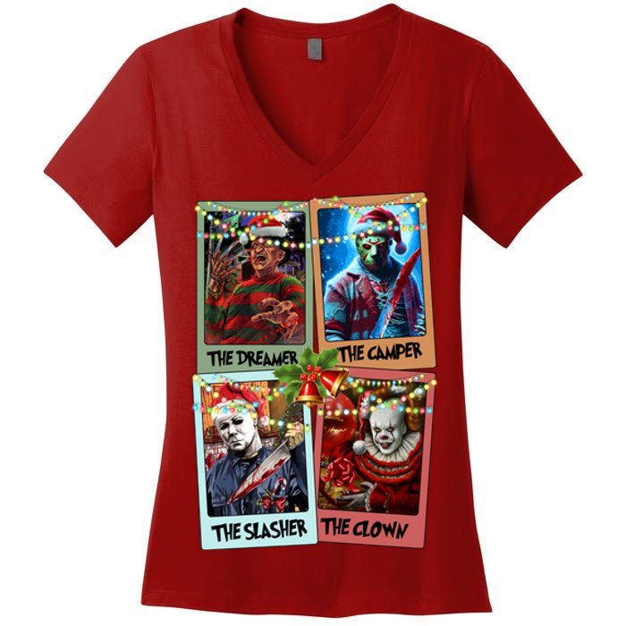 Horror Friends Merry Creepmas Krueger Dreamer Voorhees Camper Myers Women's V-Neck T-Shirt