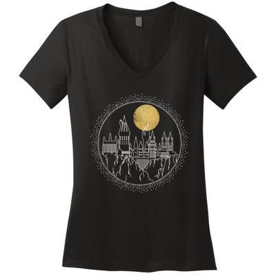 Hogwarts Full Moon Line Art Women's V-Neck T-Shirt