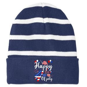 Happy Fourth Of July Patriotic Us American Flag 4th Of July Striped Beanie with Solid Band