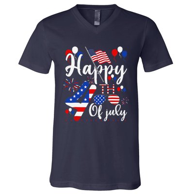 Happy Fourth Of July Patriotic Us American Flag 4th Of July V-Neck T-Shirt