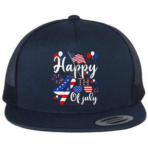 Happy Fourth Of July Patriotic Us American Flag 4th Of July Flat Bill Trucker Hat