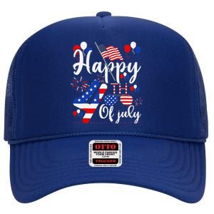 Happy Fourth Of July Patriotic Us American Flag 4th Of July High Crown Mesh Back Trucker Hat