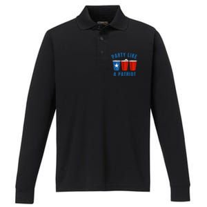 Happy Fourth Of July Party Like Patriot Funny Beer Pong Usa Cool Gift Performance Long Sleeve Polo