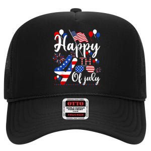 Happy Fourth Of July Patriotic Us American Flag 4th Of July High Crown Mesh Back Trucker Hat