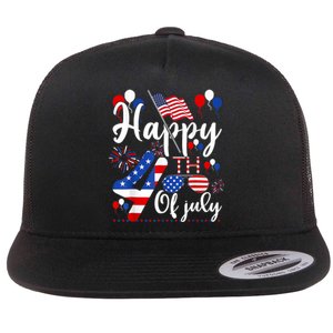 Happy Fourth Of July Patriotic Us American Flag 4th Of July Flat Bill Trucker Hat