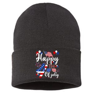 Happy Fourth Of July Patriotic Us American Flag 4th Of July Sustainable Knit Beanie