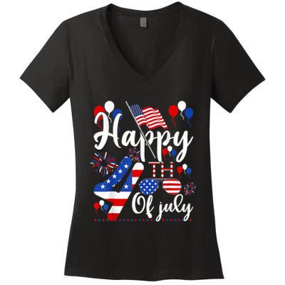 Happy Fourth Of July Patriotic Us American Flag 4th Of July Women's V-Neck T-Shirt