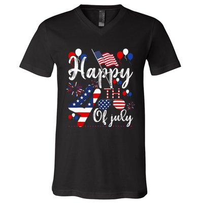 Happy Fourth Of July Patriotic American US Flag 4th Of July V-Neck T-Shirt