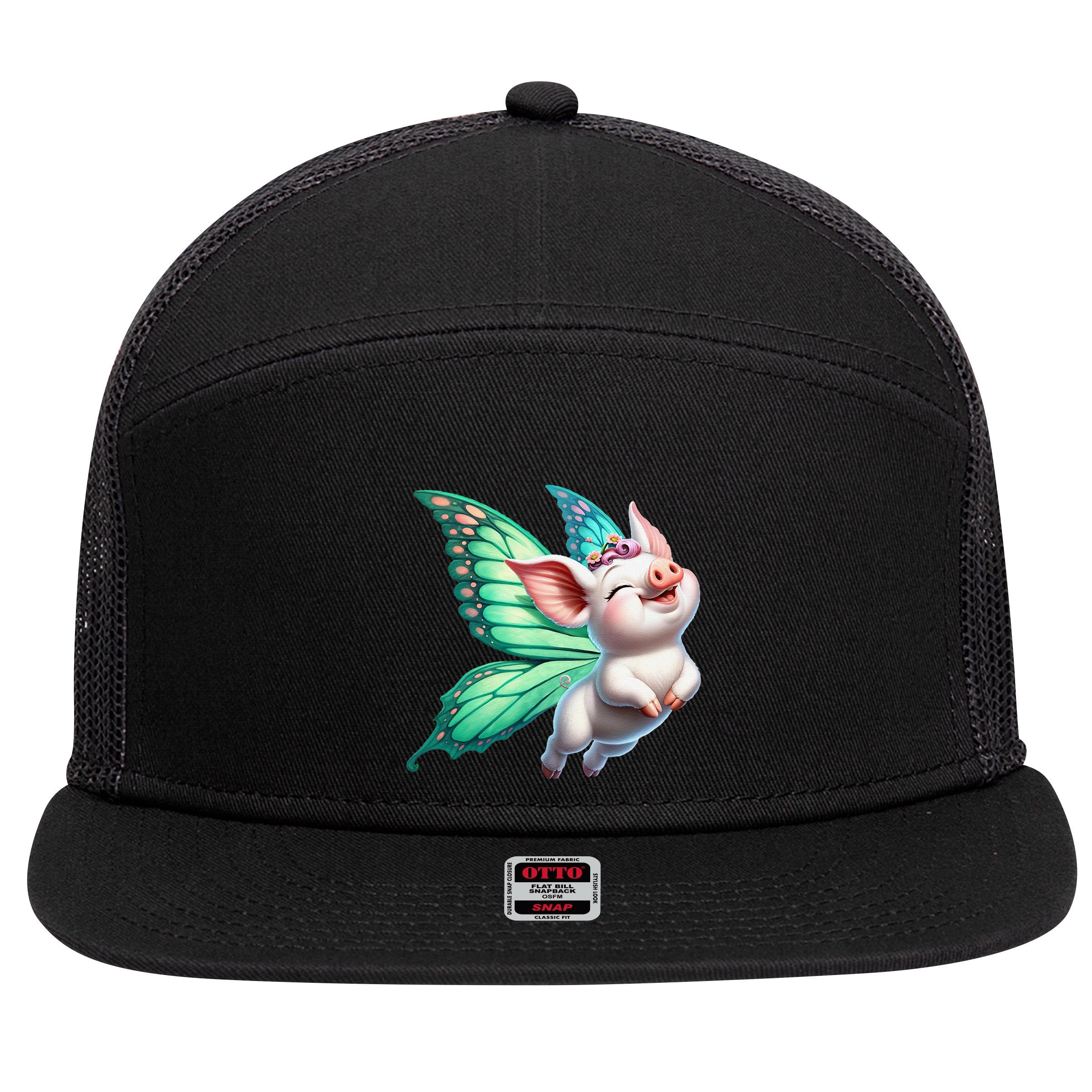 Happy Flying Pig With Butterfly Wings Fly Pig Lovers 7 Panel Mesh Trucker Snapback Hat