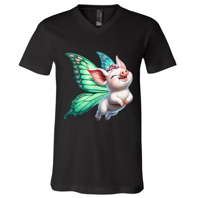 Happy Flying Pig With Butterfly Wings Fly Pig Lovers V-Neck T-Shirt