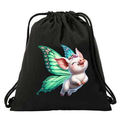 Happy Flying Pig With Butterfly Wings Fly Pig Lovers Drawstring Bag